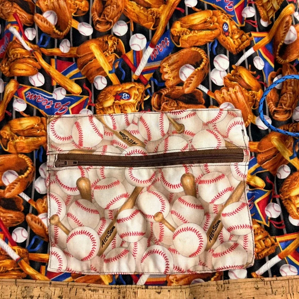 Handmade Womens Baseball Mom Print Drawstring Backpack Cork Detail Sporty Game